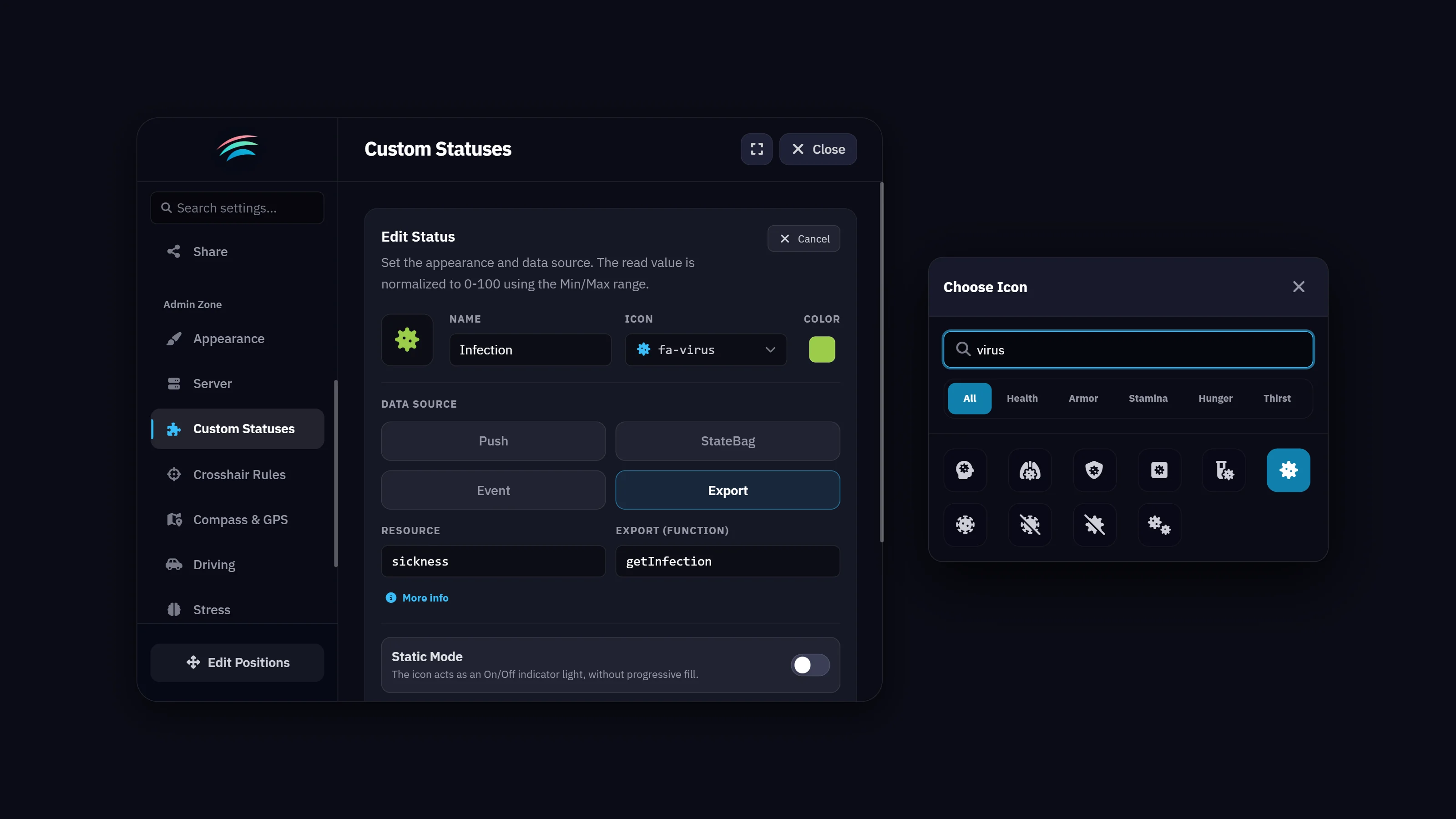 The /hud menu, adding a custom status: name, icon, colour and the export it reads from